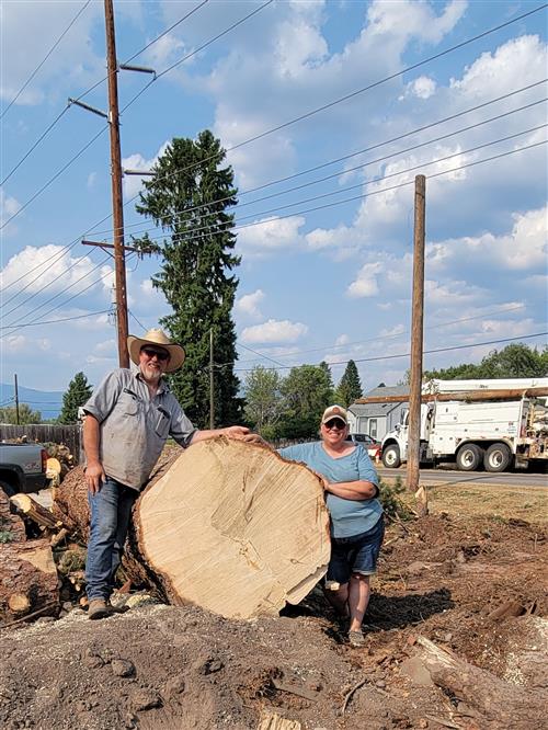 Mrs. Arnott and her husband next to tree that fell in their yard